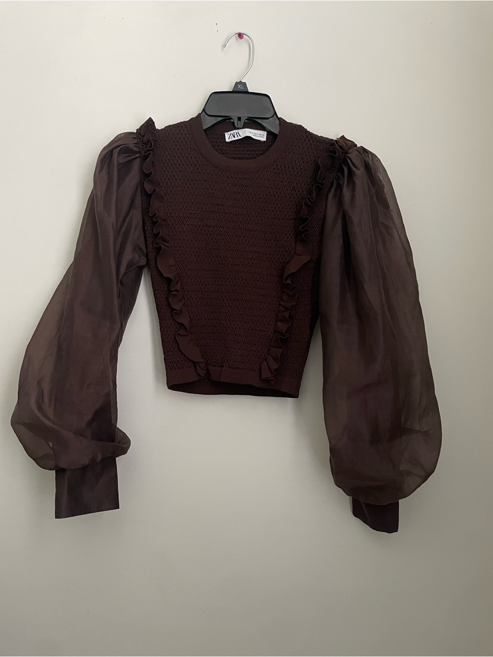 ZARA Brown Knit Top Sheer Organza Puff Sleeve Women’s Size Small